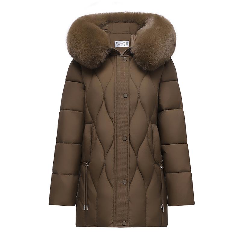 Zimní vatovaná bunda pro ženy středního a staršího věku, vatovaná bunda s kapucí a velkým kožešinovým límcem pro mladé matky, středně dlouhá a zateplená