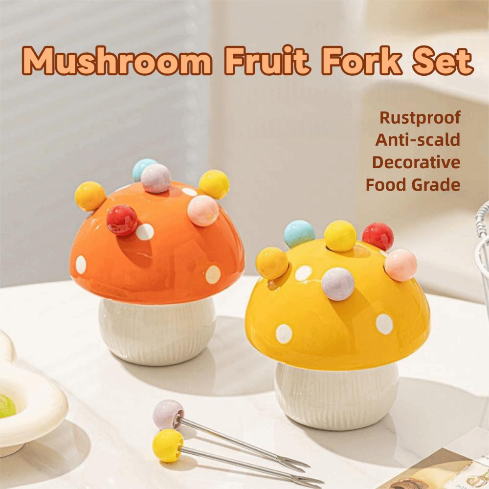 Rustproof Mushroom Fruit Fork Creative Cute Toothpick with Holder  Kitchen Supplies