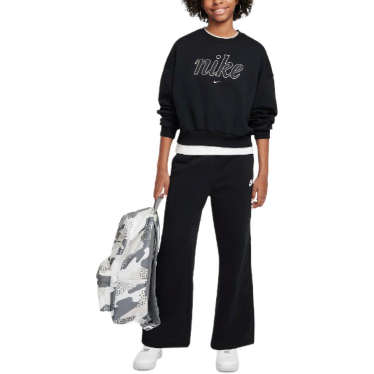 Nike Sportswear Club Fleece Lightweight Soft Warm Embroidered Logo Crewneck Long Sleeve Kids Tops Black White FZ5566-010