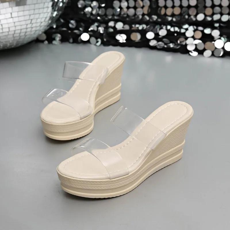 Summer New Round Toe Open Toe Clear Strap Non-slip Wear-resistant Wedge Slip Strap Sandals Fashion Platform Slippers