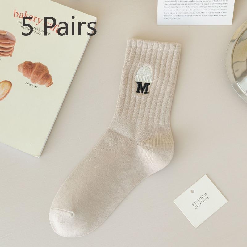 5 Pairs of Female Autumn and Winter Cotton All Match Solid Color Tube Socks