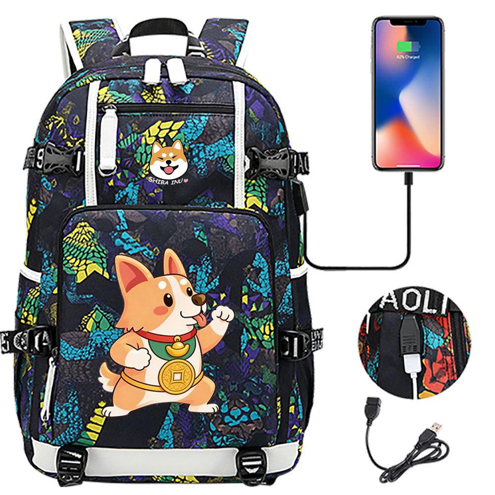 Cute Shiba Inu Corgi USB Charging Backpack for Middle High School Students Travel Casual Daypack
