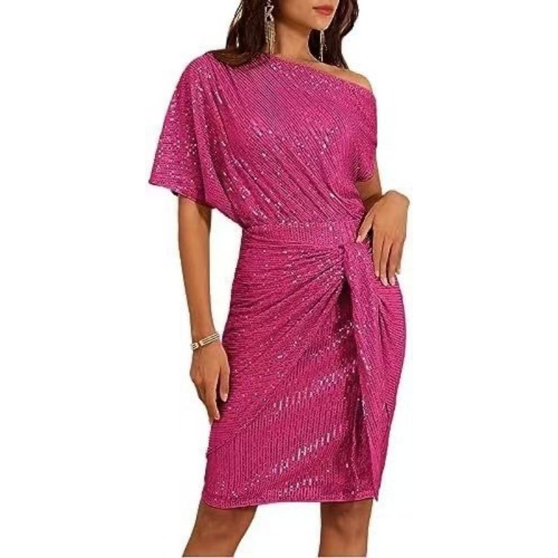 gold sequin one-shoulder short sleeve twist waist bodycon cocktail dress for women