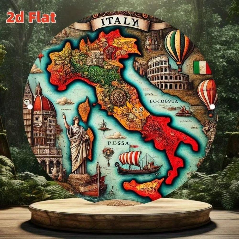 Vintage kovový plakát Mapa Itálie, Retro kulaté nástěnné umění do kuchyně Joom