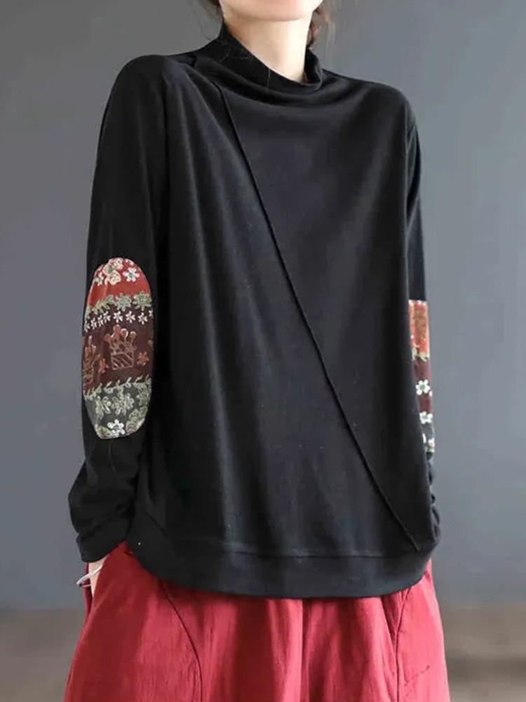 Maillard velvet long-sleeved semi-turtleneck long-sleeved bottoming shirt popular splicing design sticker T-shirt women