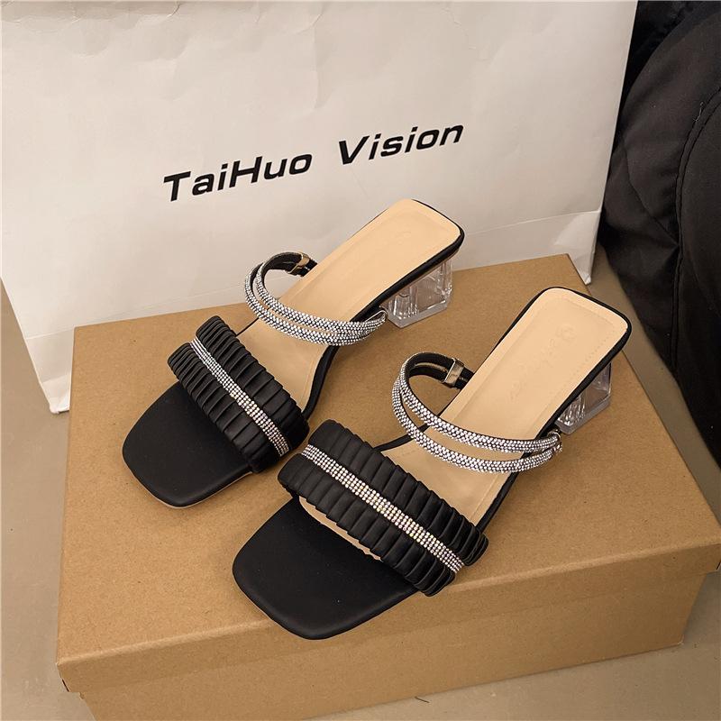 Temperament thick heel high heel slippers women's outerwear 2025 summer new rhinestone transparent crystal with skirt women's sandals