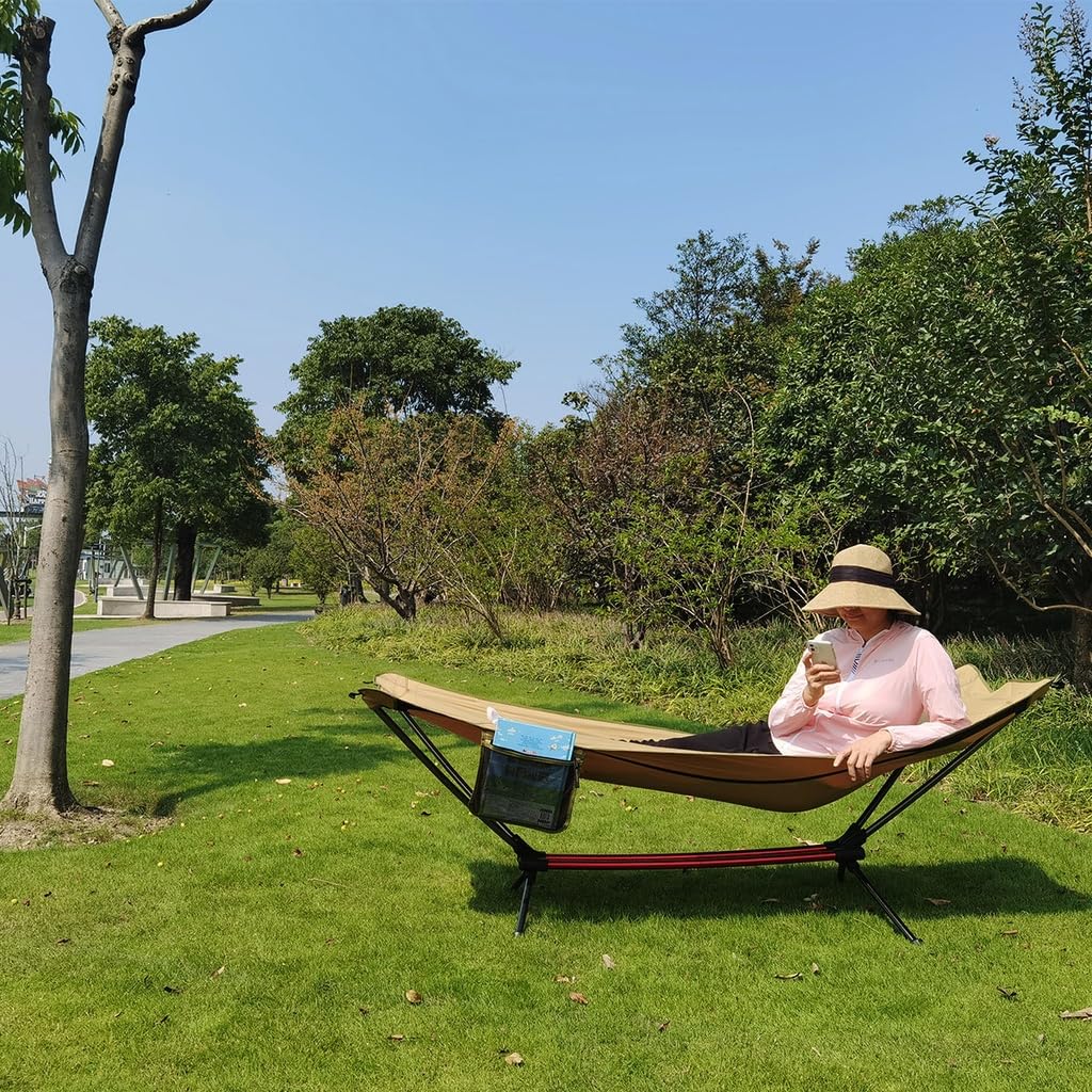 Hawk Zing Freestanding Hammock Folding Aluminum Bed Cot Chair Bed Outdoor Camping Leisure Indoor Outdoor Balcony Stand (Brown Color)