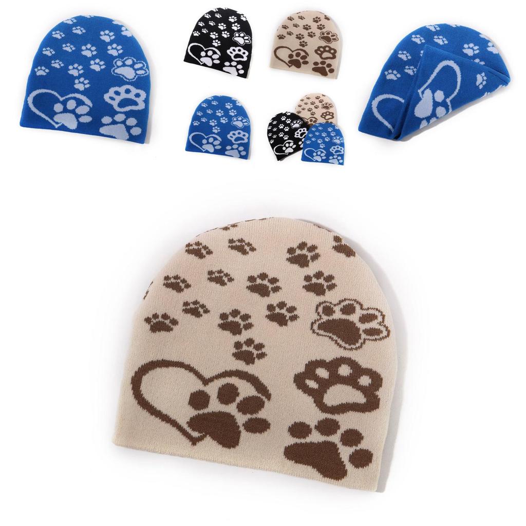 Simple Style Paw Print Knit Hat With Acrylic For Outdoor Activities And Winter Protection