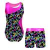 Girls Printed Gymnastics Dance Outfit Sleeveless Patchwork Leotard Jumpsuit Elastic Waist Shorts Suit Performance Practice