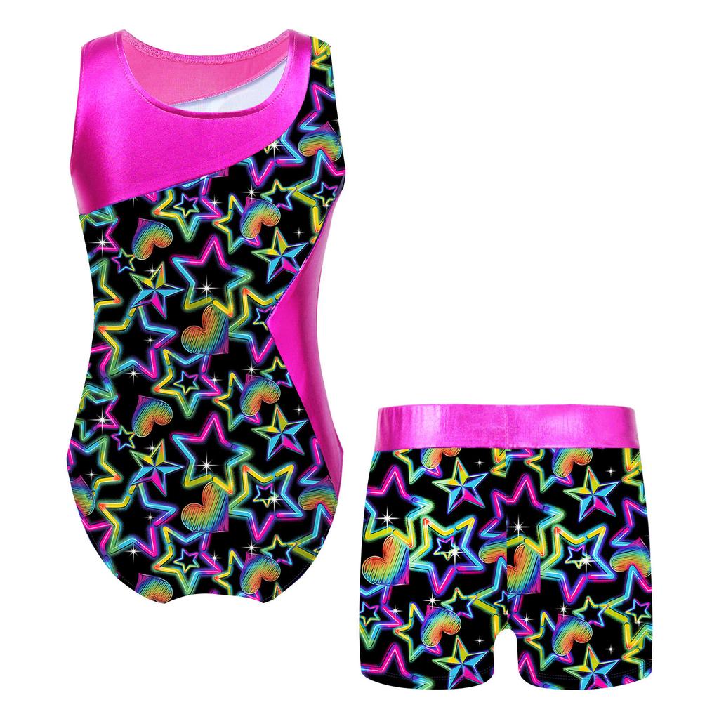 Girls Printed Gymnastics Dance Outfit Sleeveless Patchwork Leotard Jumpsuit Elastic Waist Shorts Suit Performance Practice