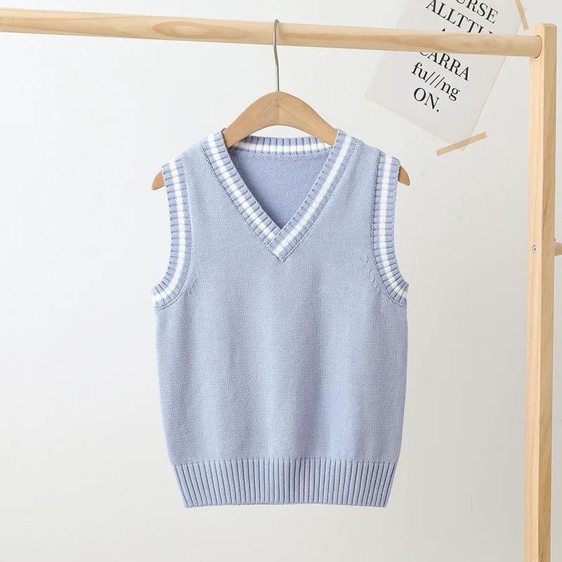 100% Cotton Teenage Kids Knit Vest Boys & Girls School Uniform Sweater Vest V-neck Pullover Preppy Style Children Top Clothes