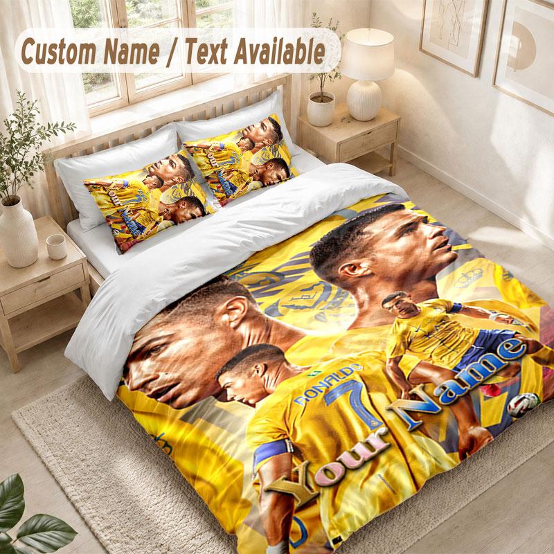Custom Name Bedding Set 3 PiecesCristiano Ronaldo Print Duvet Cover + 2 Pillowcases Soft Bed Decor