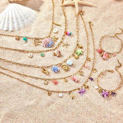 GEMCHIC Women's Ocean Style Beach Seashell Starfish Necklace Titanium Steel Stainless Steel 18K Gold Plated Bracelet