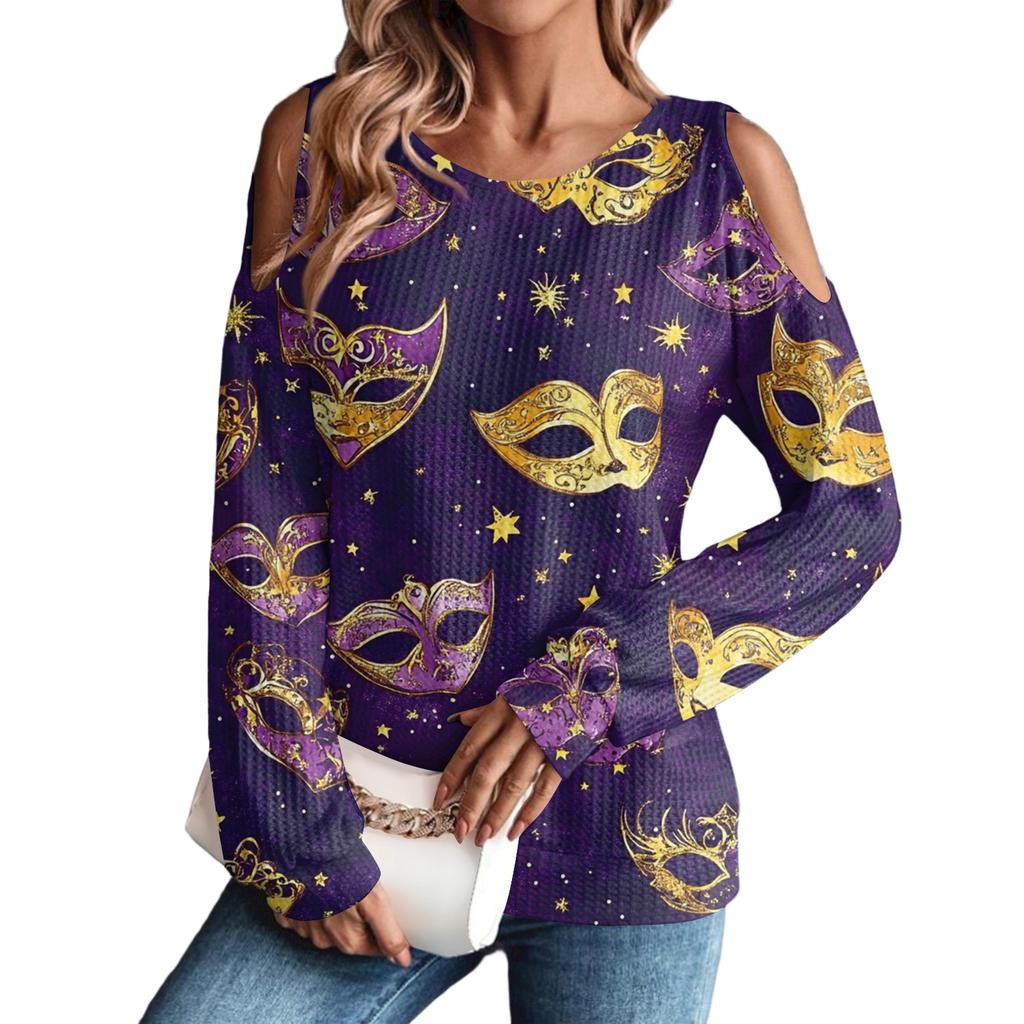 Damen Winter Oversized T-Shirt Modisch Schulterfrei Rundhals Vintage Blumendruck Pullover Langarm Oberteil