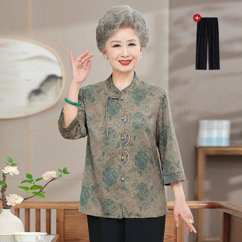 Women's Seven-Sleeve Spring-Autumn Shirt - Thin, Stylish Top for Middle-Aged & Elderly