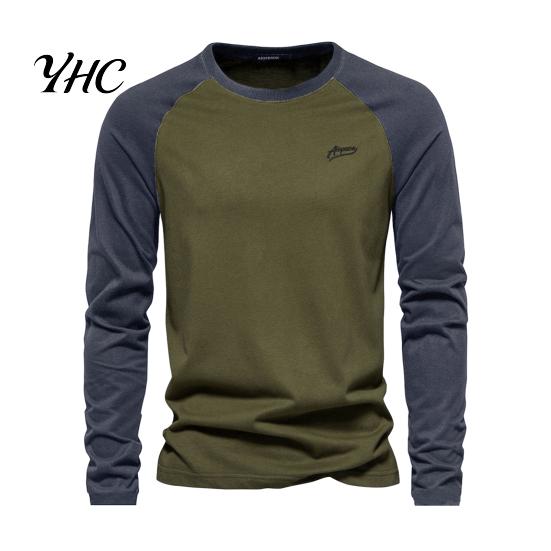 Long Sleeve Elastic Cuffs Top Men Raglan T-shirt O-Neck Patchwork Color Pullover Tops Loose Fit Breathable Casual Tees