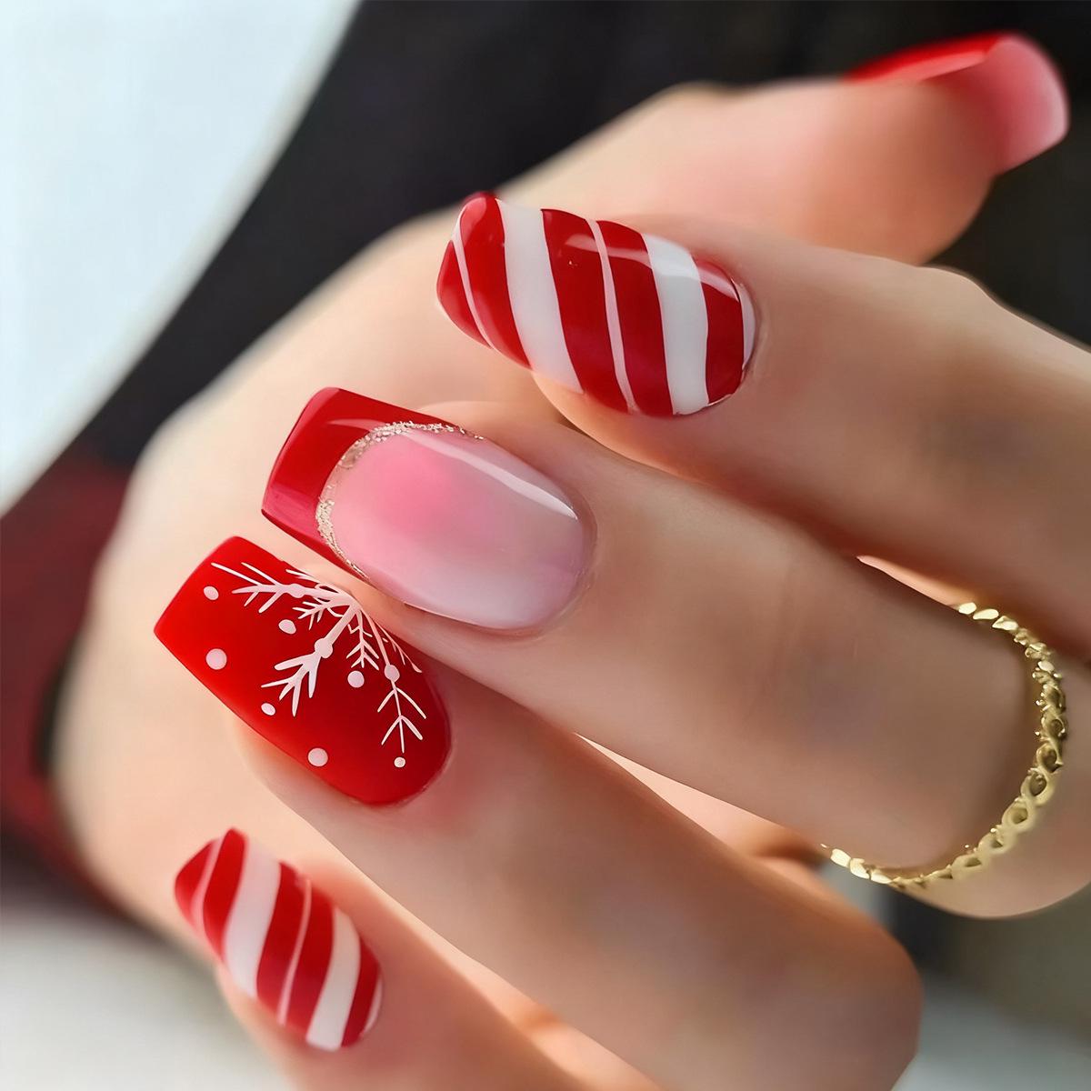 Christmas Red Snowflake Striped Short Square Wearable Nail Art Tips