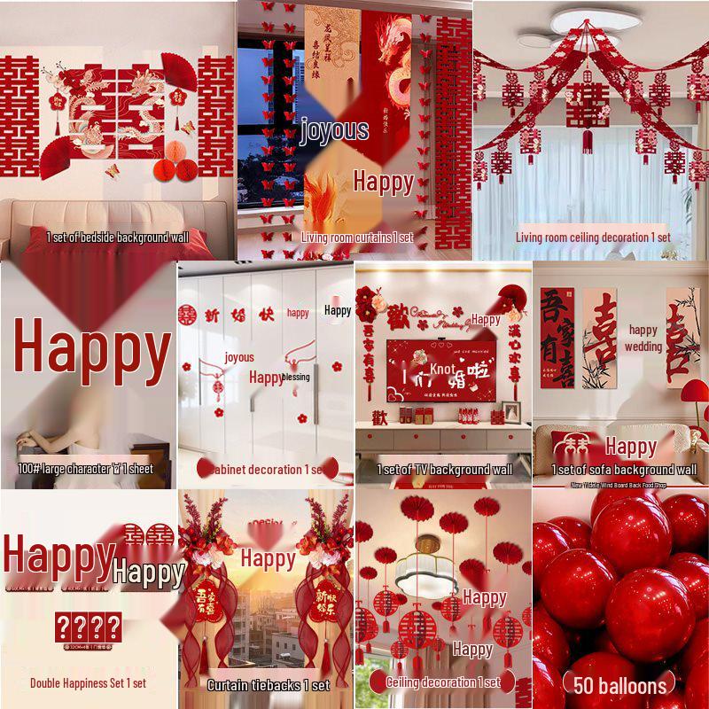 Complete Wedding Room Decoration Set: Bride & Groom's Bedroom with Double Happiness Theme