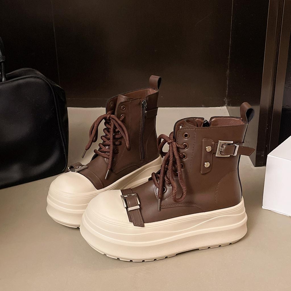 [Fanfna] Muffin Platform Martin Boots Women's 2025 Autumn New British Belt Buckle Small Locomotive Short Boots