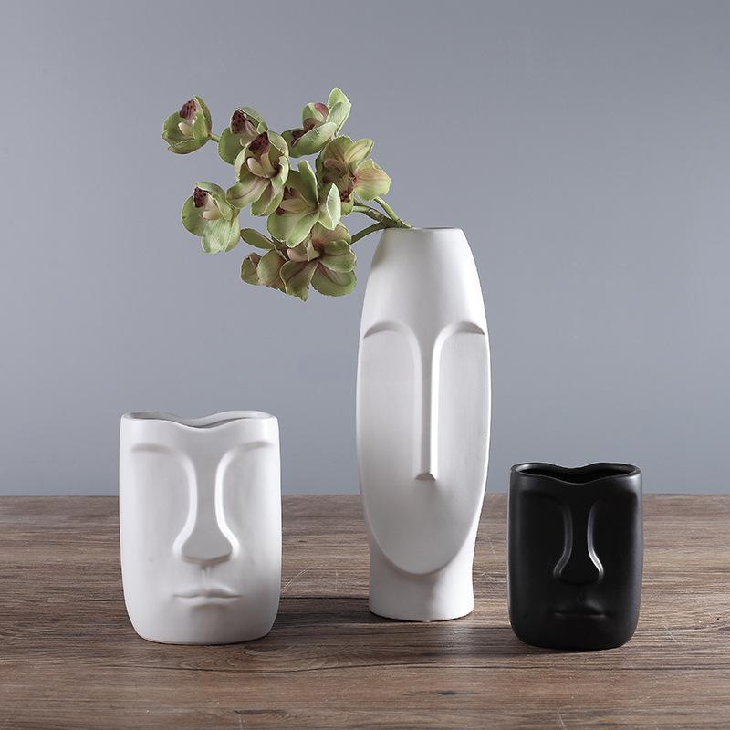 Nordic Minimalist Ceramic Abstract Vase Black and White Human Face Creative Display Room Figue Head Shape Tabletop Vase