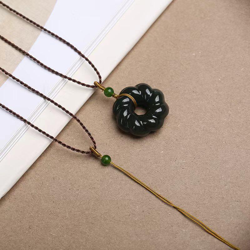 Hetian Jade Adjustable Lanyard with Color-Blocked Hand-Rubbed Pendant