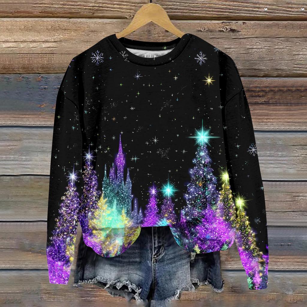 Women's Casual Long Sleeve Christmas Graphic Crewneck Sweatshirt Pullover Top for Holiday Wear