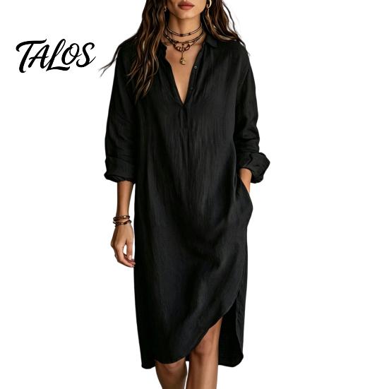 Lichte Zomerjurk Dames Midi Blousejurk, Lange Mouw V-hals Casual Veelzijdig Dames Kraag Losse Tuniek Strandvakantie Zomerjurk met