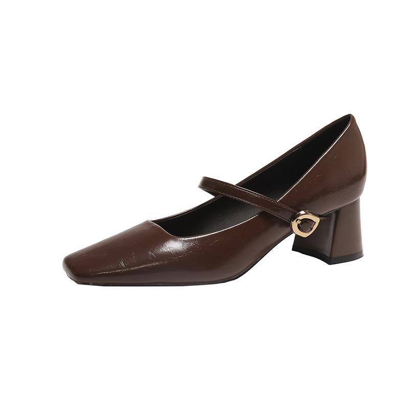 Fashion Mary Jane Shoes Vintage Mary Jane Leather Shoes with Light Mouth Single Shoes Women's Square Head Thick Heel High Heels