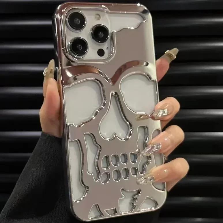 3D Matte Metallic Color Hollow Out Skull Phone Case for iPhone 16 15 13 12 11 14 ProMax 16 15 Plus Fashion Shockproof Soft Cover