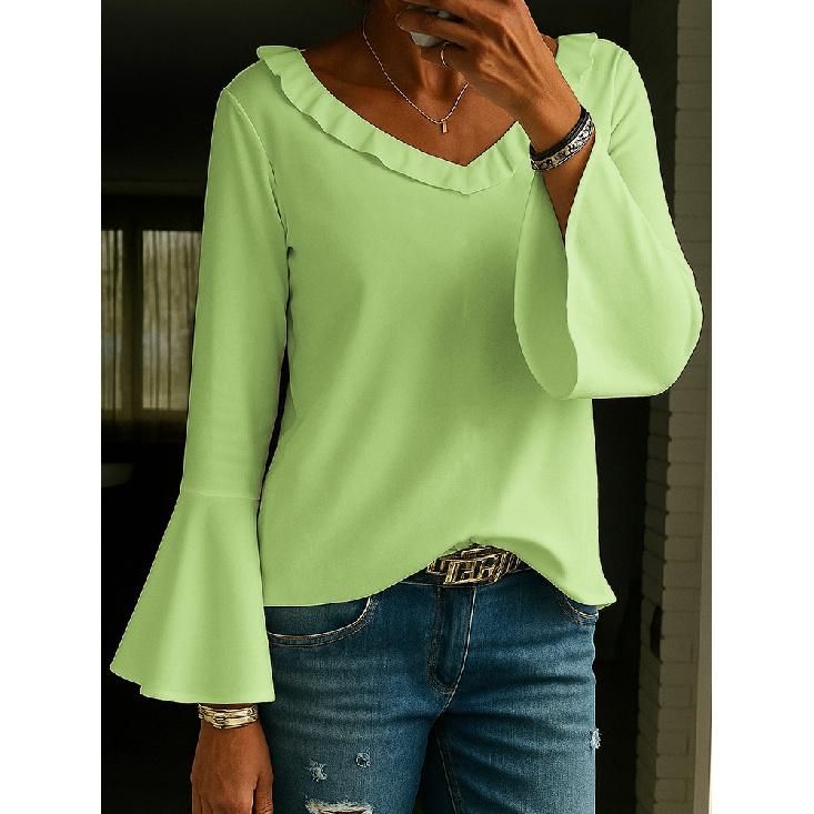 2026 New Women's Casual Long Sleeve V-Neck Bell Sleeve Solid Color Top T-Shirt