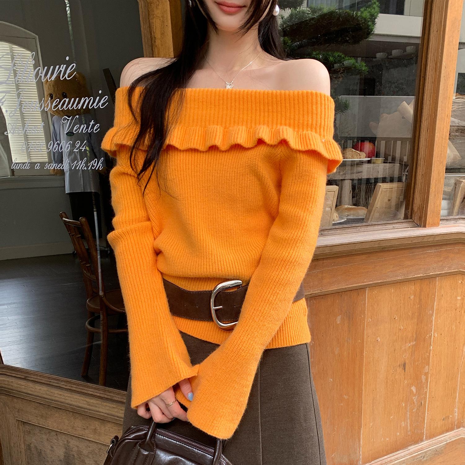 

European-Style Orange One-Shoulder Long-Sleeve Knit Top for Women, New Spring/Autumn Ruffled, Slightly Mature Niche Design Large помаранчевий