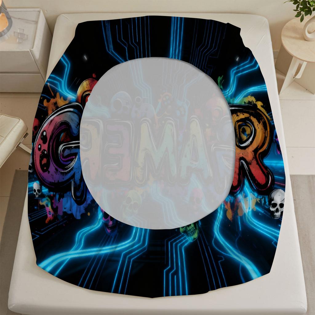 3PCS Neon Gamer Word Printed Fitted Sheet Flat Sheet Set Vibrant Gaming Bedding for Teen Boys Queen Size Trendy Room Decor