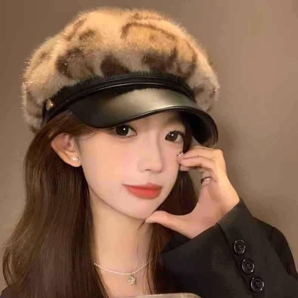 Leather Patchwork Newsboy Cap Hard Brim Octagonal Cap Retro Artist Hat For Women