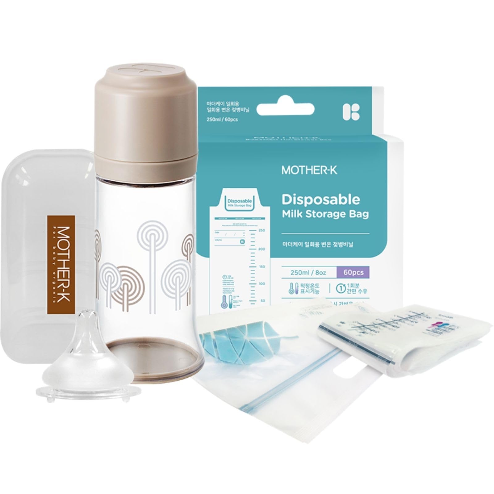 

[Authentic] MOTHER-K First Baby Bottle Set for Travel, featuring a dedicated milk bag that requires no cleaning. Lightweight and time-saving, it