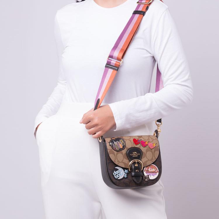 Coach Kleo 17 Classic Monogram Badge Label Buckle Colorful Shoulder Strap Canvas And Leather Saddle Bag Women Shoulder Bag Black Khaki C6917-IMNOX