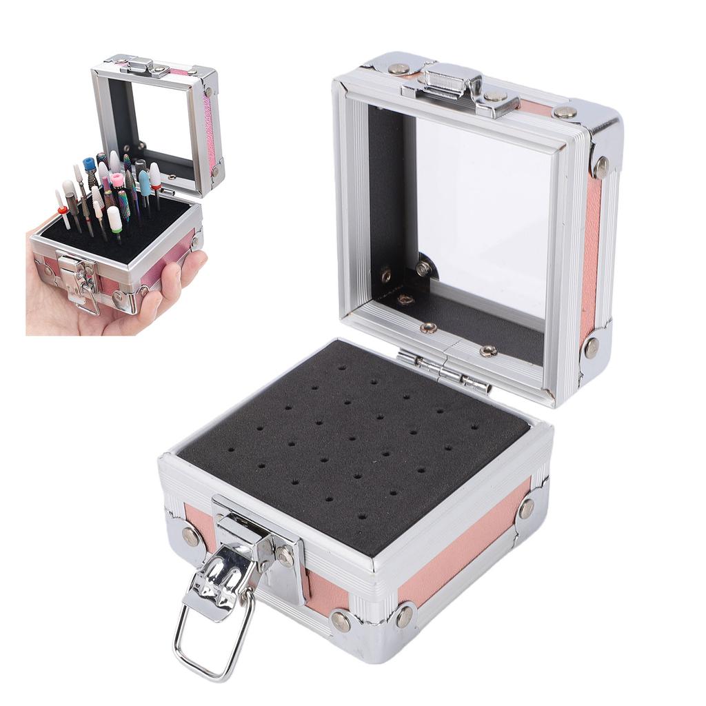 25 Holes Aluminum Alloy Nail Drill Bit Case with Foam Insert Transparent Cover Manicure Nail Drill Bit Holder