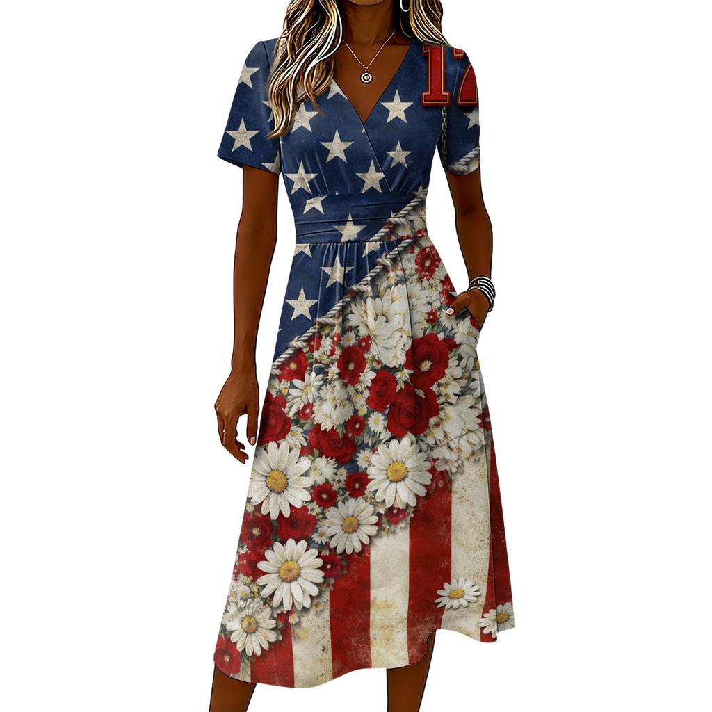Women's Independence Day Print Casual Fashion Short Sleeve V-Neck Dress