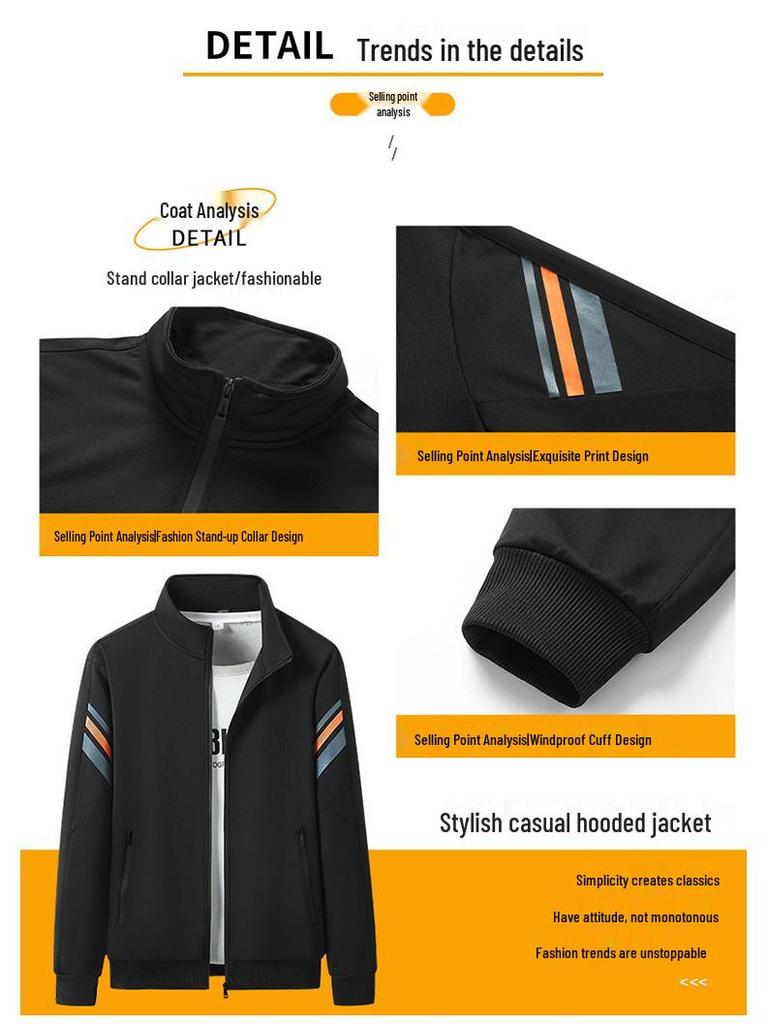 Men's Trendy Plus Size Cardigan & Sweatshirt Two-Piece Set with Stand-Up Collar and Three Stripes Design