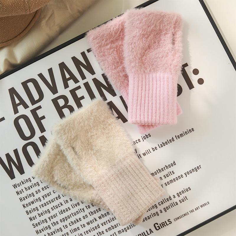 Gestrickte Halbfingerhandschuhe für Damen, Niedliche Winter-Fingerlose Halbfingerhandschuhe für Schülerinnen, Plüsch-Warme Handschuhe zum Schreiben