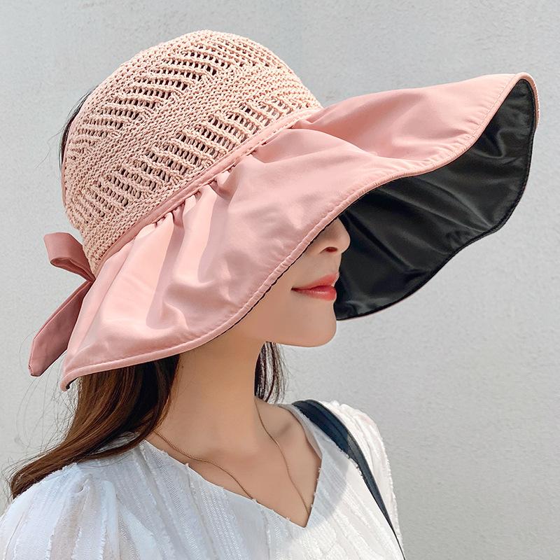 Beach Hat Sun Hat Women's Summer Hollow Straw Hat Ultraviolet Large Brim Face Cover Sun Hat Fisherman Hat