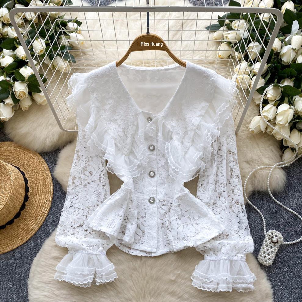 Элегантный Кардиган с Пэчворком из Французского Кружева и Воротником-стойкой - Рукав-клеш, Приталенный, Универсальная Лонгслив Рубашка для Женщин One Size белый