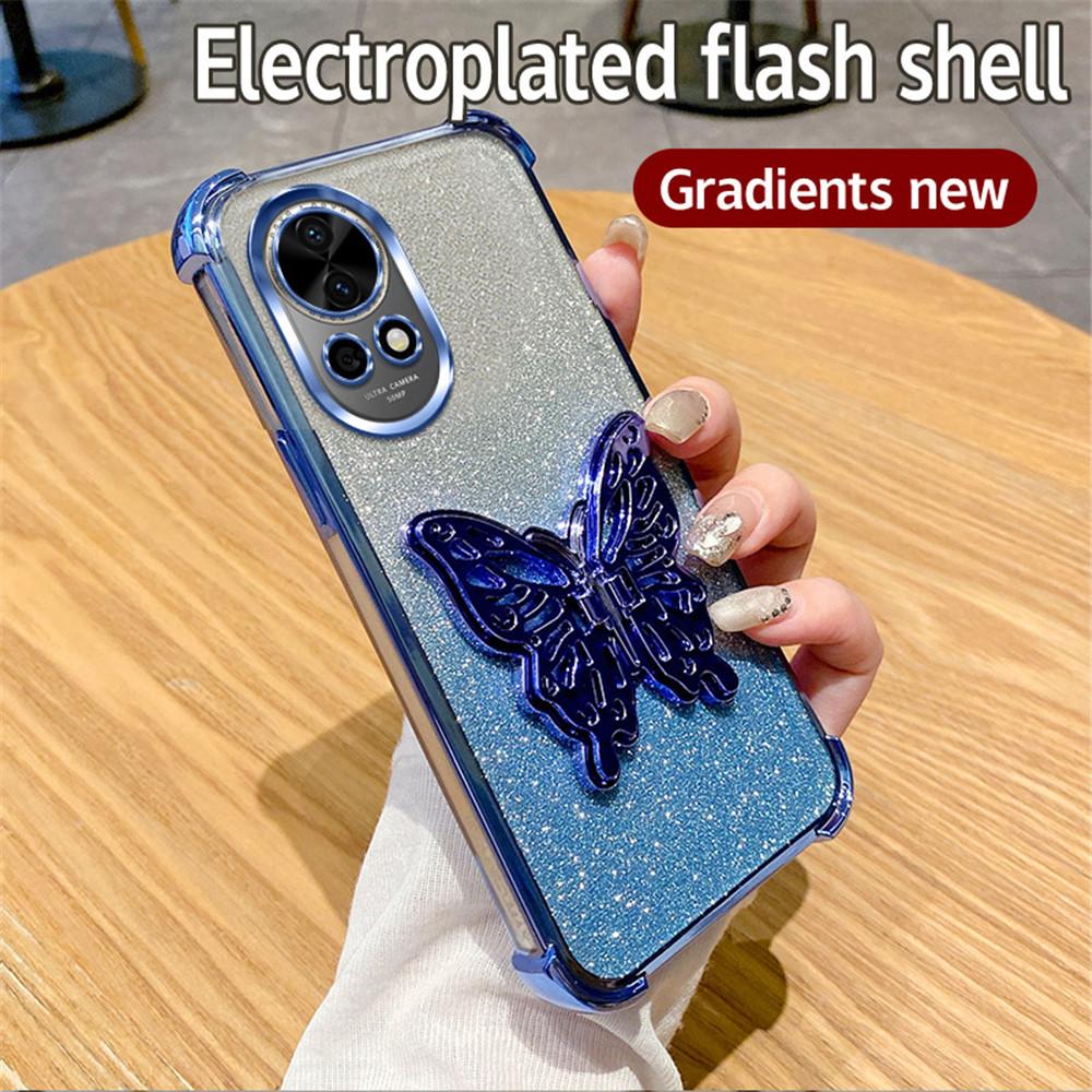 Shockproof Glitter Butterfly Holder Stand Phone Case For Huawei Nova 13 Pro 12 11 10 9 8 7 6 5 Pro SE Plating Soft Silicon Cover