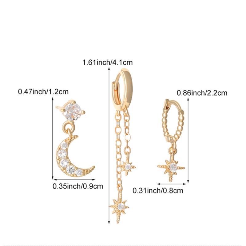 3Pcs Modern Star And Moon Earring Collection Uneven Plan Casual Fit Morning To Evening Accessories