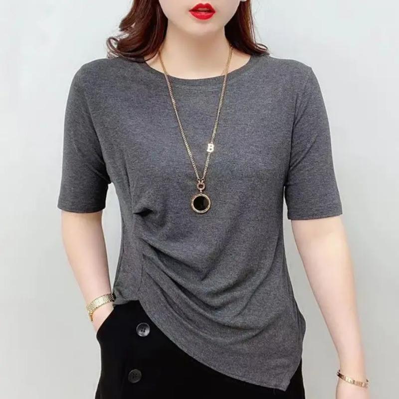 Summer Irregular Short-sleeved T-shirt Women New Stylish Split Design Plus-size Elegant Top Slim-fit Blouse