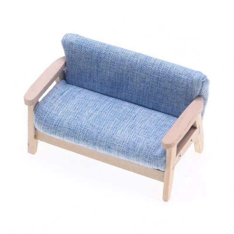 Dollhouse Miniature Wooden Double Sofa Model Mini Simulation Living Room Chair Kids Pretend Play Doll House Decor Furniture-Toy