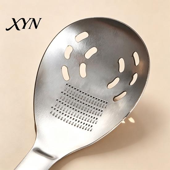 Leichtes Utensil für Picknick 5-in-1 Edelstahl-Schlitzlöffel, Multifunktions-Küchenwerkzeug mit Reibe, Sieb, Anti-Rutsch-Griff Kochlöffel