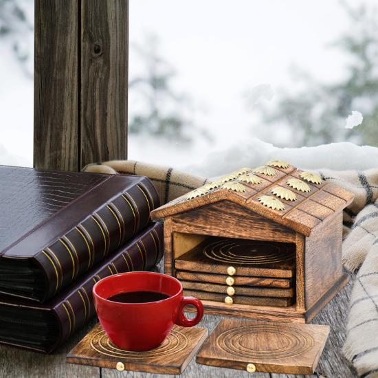 Divit Coasters Wooden for Drinks, Eco-Friendly, Absorbent, Antique Look Handcrafted Coasters (Hut)