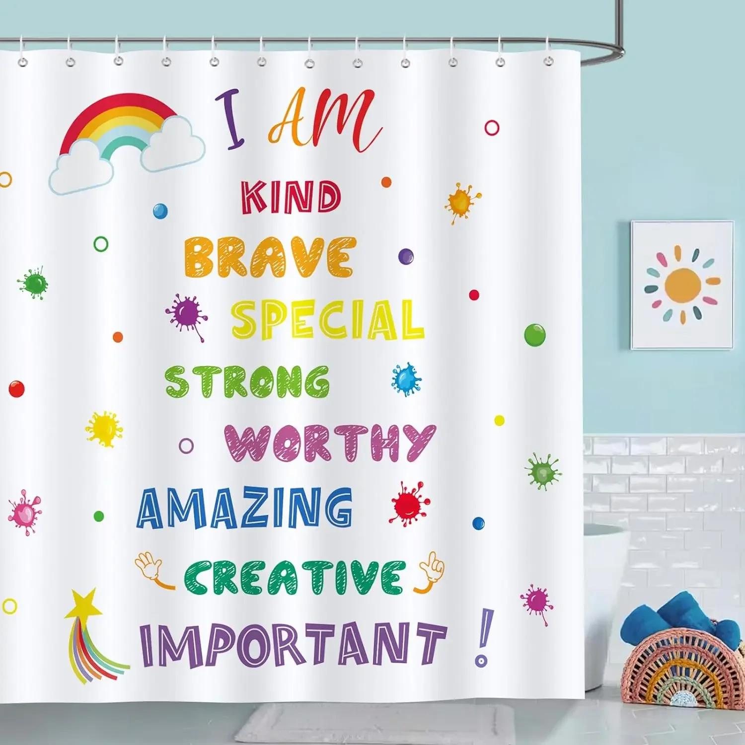 

Positive Affirmation Shower Curtain-Rainbow Colors of Sunlight and Stars Exciting Bathroom Decorative Shower Curtain W90XH180cm
