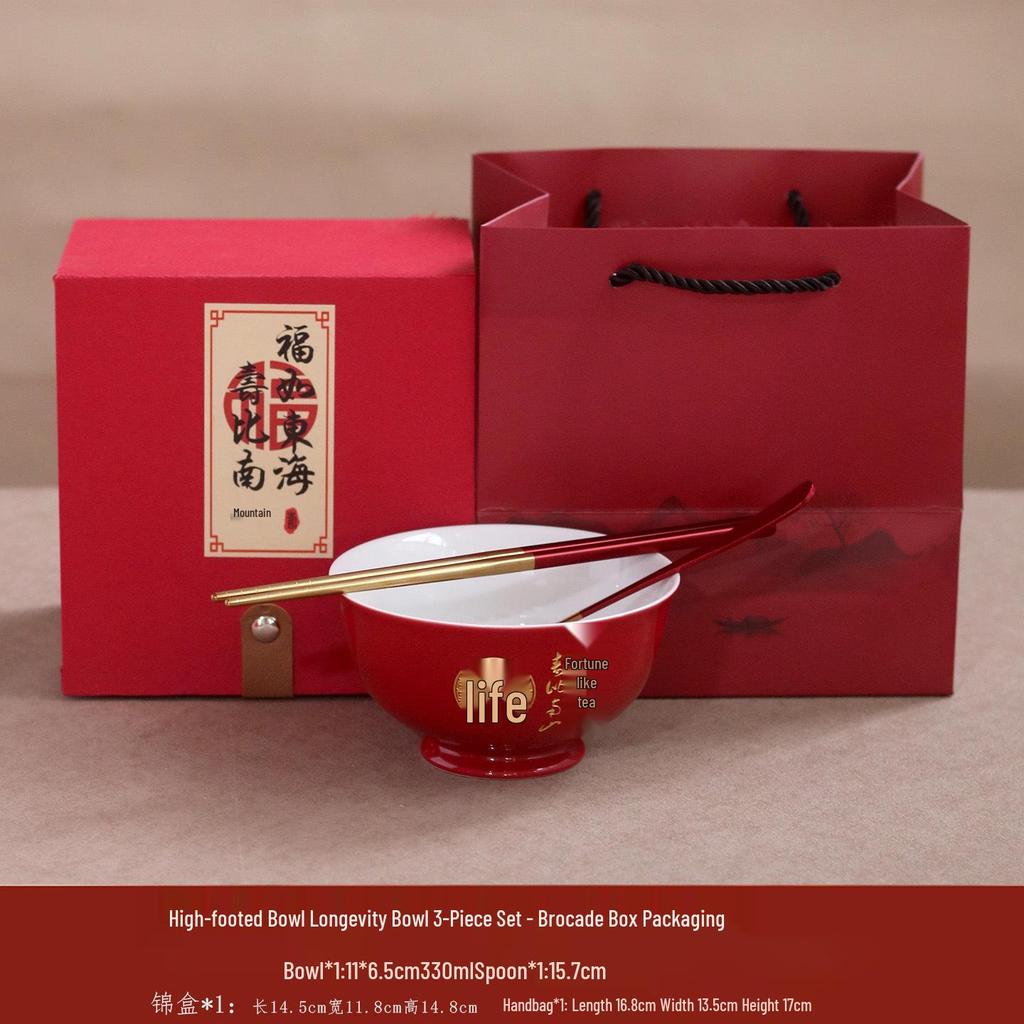 High-Temperature Underglaze Porcelain Longevity Bowl with Chopsticks and Spoon - Ideal Gift for 80th Birthday