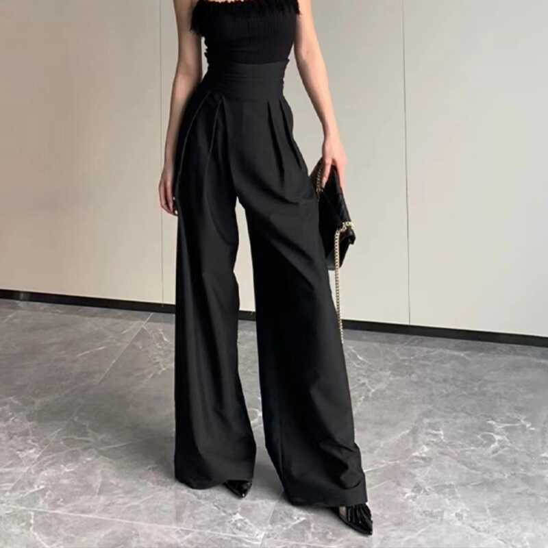 LenteHerfst KoreaanseStijl Hoge Taille Wijde Pijpen Broek voor Dames Gedrapeerd Slankmakend Relaxed Pakbroek Vloerlengte